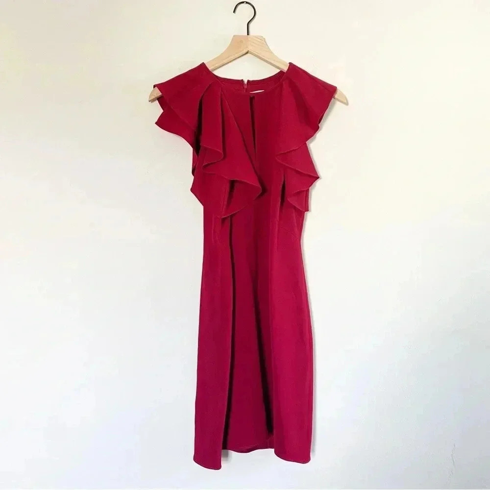 Shoshanna Red Ruffle Shoulder Mini Pencil Dress 6 - Picture 2 of 6